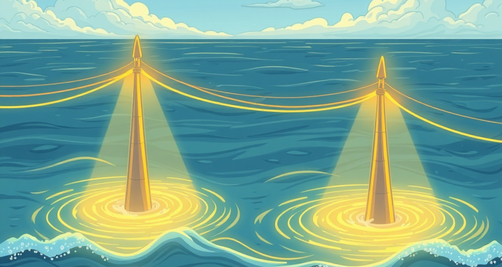 Illustration of two glowing energy buoys tethered on the open ocean.