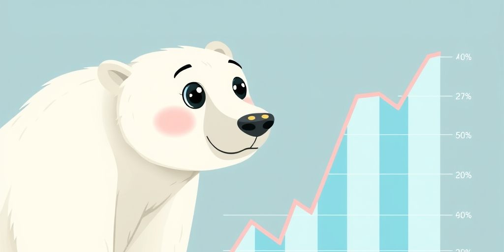 Illustration of a polar bear beside a rising chart.